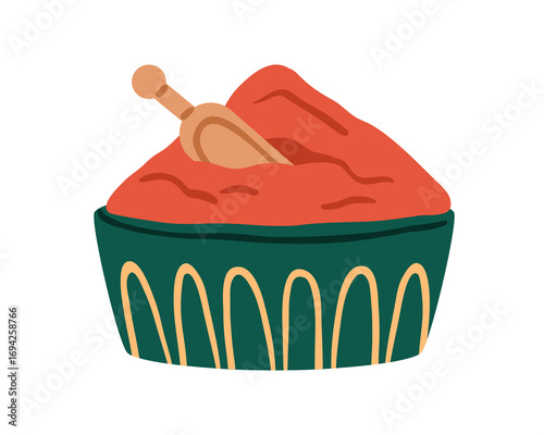 Spice, red paprika powder. Hot chili pepper seasoning pile, heap in bowl with...