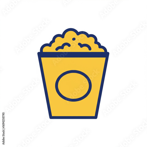 A simple yellow bucket filled with popcorn, isolated on a white background with blue outlines, symbolizing movie night