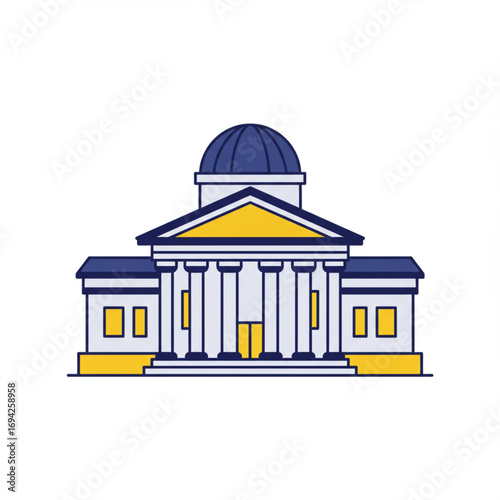 Illustration of a Courthouse with Columns and Dome in Blue and Yellow