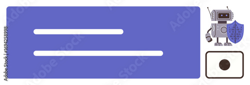 Robot holding shield with binary code, emphasizing digital security and protection. Ideal for cybersecurity, AI applications, data encryption, online safety, digital protection, coding, simple flat