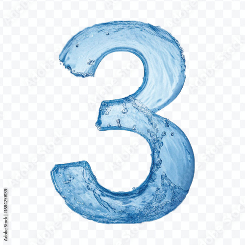abstract 3d number 3 digit made by water splash in different style isolated on transparent background
