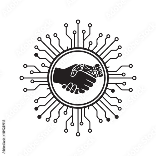 Human and robot handshake vector icon. Symbol of AI collaboration, digital partnership, and future technology. Black and white illustration with circuit board elements, isolated on a white background.