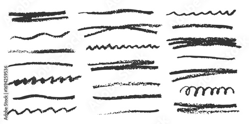 Hand drawn pencil strokes. Rough sketch lines set. Grunge underline elements. Textured marker brush lines. Highlight Black line collection isolated. charcoal sketchy dividers