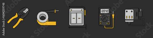 Icon set Electrician tools and elements
