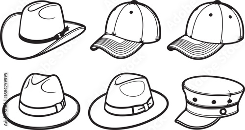 Black and white line art illustration of assorted headwear fedora cowboy hat