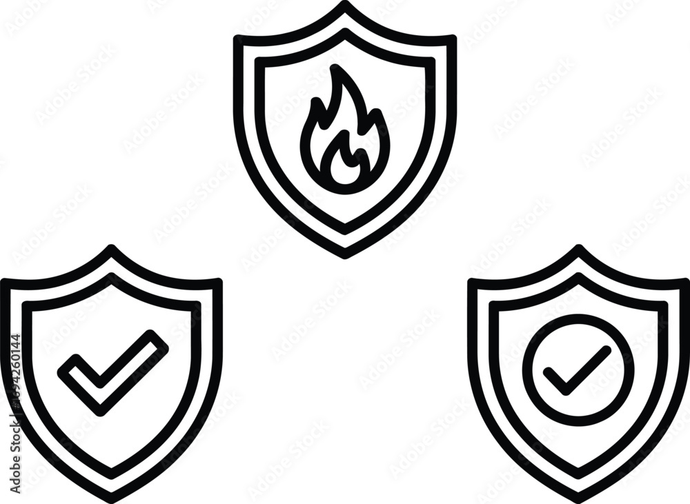 Fototapeta premium Security Shield Icons Set Representing Firewall Protection and Authentication with Fire Symbol and Check Marks in Modern Line Art Design