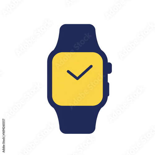 Flat design illustration of a modern smartwatch with a yellow screen and a checkmark, symbolizing a completed task or success, isolated on a white background