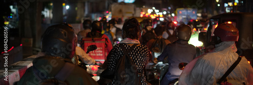 Vehicles and Motorbikes Stuck in Heavy Night Traffic Jam in Delhi