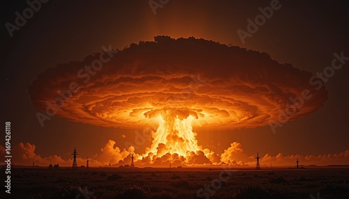 Dramatic atomic explosion over desolate landscape conveys power and destruction, evoking feelings of fear and awe