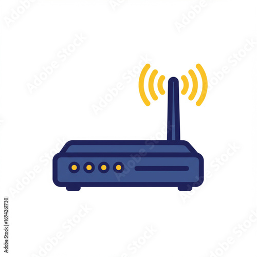 Modern wireless network router icon with radiating yellow signal waves, symbolizing high-speed internet connectivity and digital communication on a crisp white background