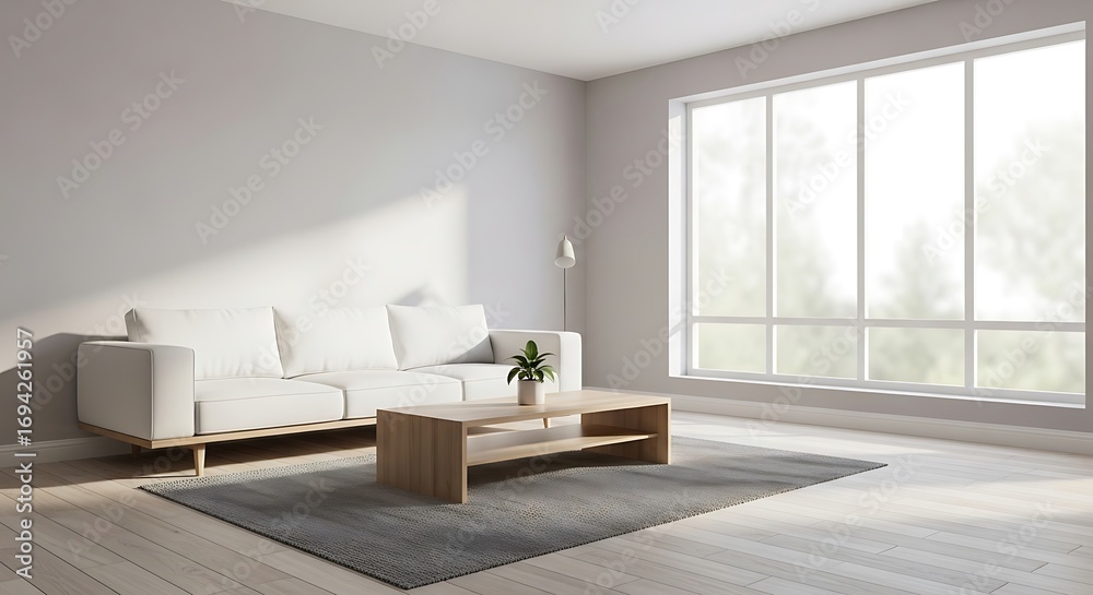 Fototapeta premium Modern Minimalist Living Room with White Sofa and Large Window Bright Natural Light
