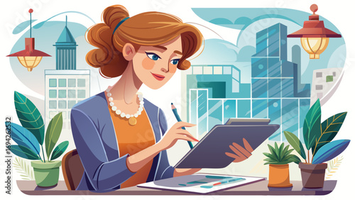 Close-up portrait of female interior designer sketching plan on tablet. Isolated white background symbolizes creativity, elegance, and architectural imagination.