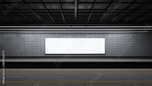 large blank advertise billboard white LED screen horizontal for design banner announcement exit way at outdoor public sky train platform station