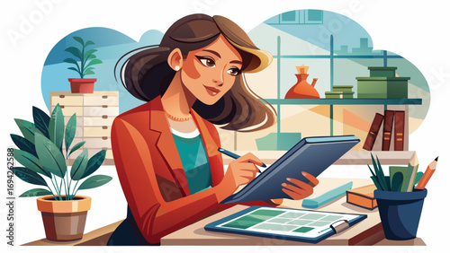 Close-up portrait of female interior designer sketching plan on tablet. Isolated white background symbolizes creativity, elegance, and architectural imagination.