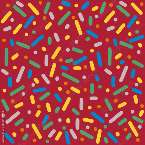 Motifs Abstraits colorés avec gribouillis et formes géométriques, Fond Rouge, Illustration Vecteur Memphis