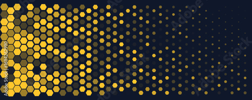 Hexagon Background Glowing Honeycomb Pattern In Yellow Blue Colors for AI, Tech Digital Forum and Conference Ad Presentation. Hexagonal Modern Texture. Halftone Gradient Backdrop. Vector Abstract BG