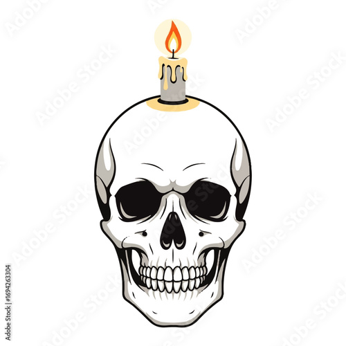 A human skull topped with a lit candle against a stark white background evokes a somber, memento mori concept.