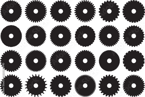 Black circular saw blades with serrated edges and central holes monochrome