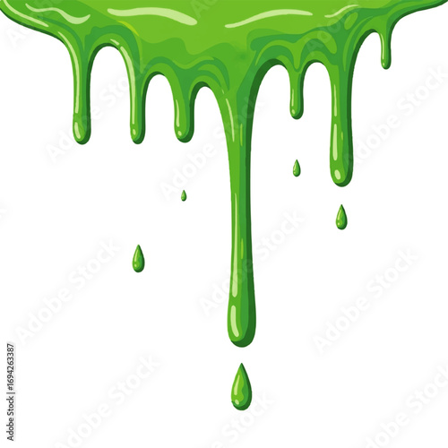 Bright green slime drips and oozes downwards, creating a vibrant, playful, and slightly gooey scene against a stark white background.