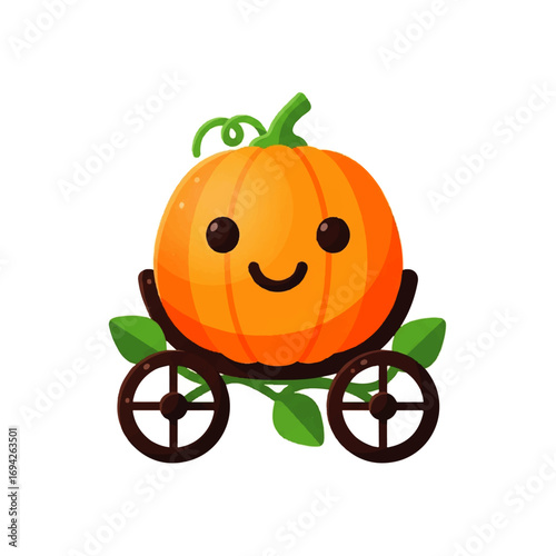 A cheerful pumpkin carriage, adorned with leaves, rolls happily against a white background, evoking autumnal joy.