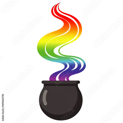A black cauldron emits vibrant rainbow smoke, creating a whimsical and magical atmosphere.