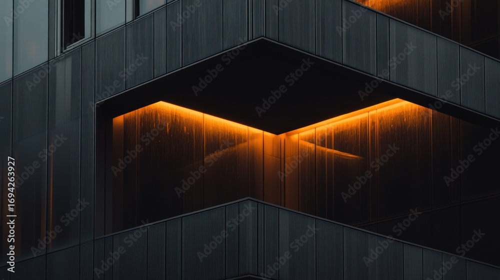 Obraz premium Dramatic facade illuminated by warm light reflecting geometric architectural design