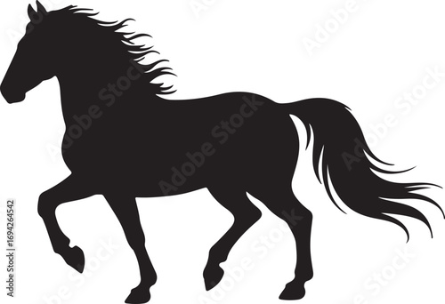 Black horse silhouette galloping with flowing mane and tail running