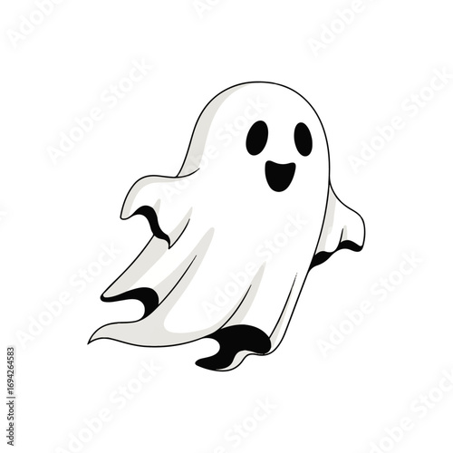 A friendly cartoon ghost merrily floats against a white background, embodying playful Halloween spirit.