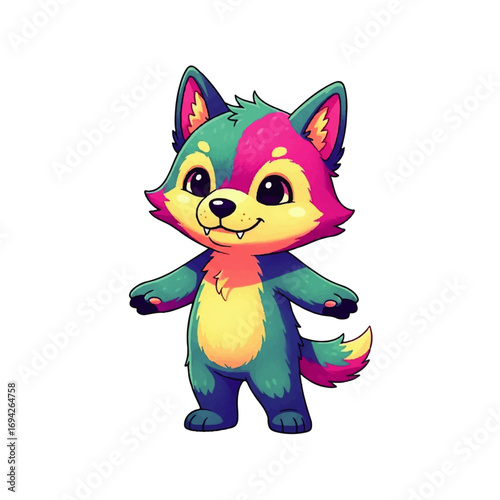 A cheerful, vibrant cartoon wolf pup stands with outstretched paws against a white background, embodying playful energy.