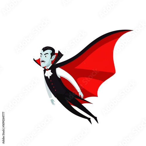 A mischievous vampire, in a classic cape, dramatically glides against a stark white background, evoking a playful Halloween spirit.