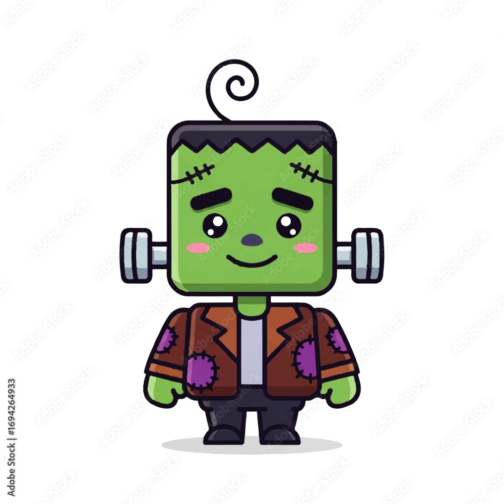 Fototapeta premium A cute, smiling Frankenstein's monster in a patched jacket stands against a white background, conveying a playful and charming Halloween mood.