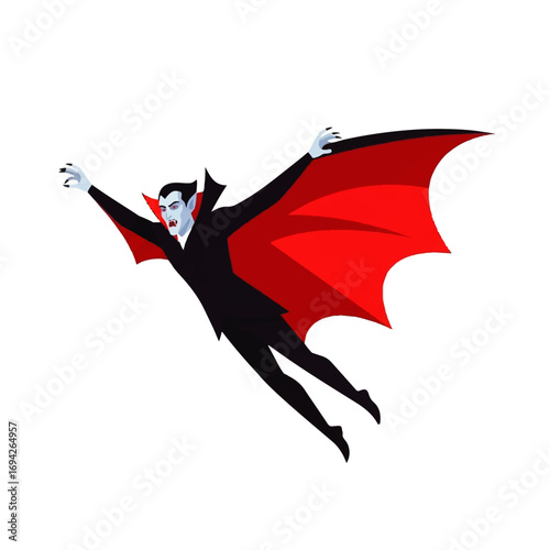 A menacing vampire, with cape outstretched, glides menacingly through the air, embodying the spooky spirit of Halloween.