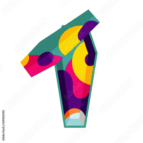 A vibrant, abstract coffin design with a playful, colorful pattern opens to reveal a bright interior, suggesting a joyful afterlife.