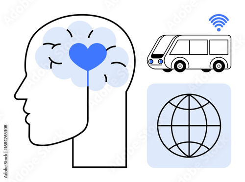 Profile of human head with brain and heart, self-driving vehicle with wireless signal, and globe symbolizing technology, connectivity, innovation, transport, AI, health and sustainability. Ideal