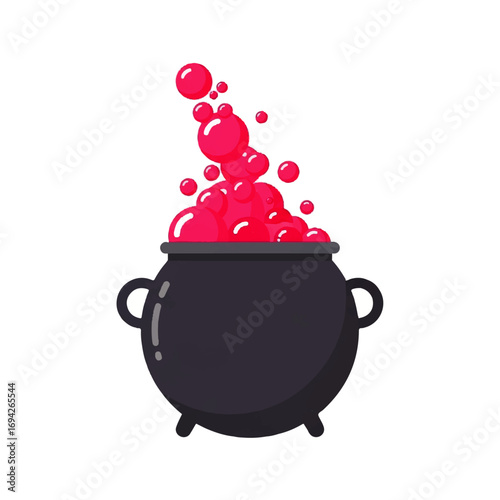 A bubbling pink potion simmers mysteriously in a dark cauldron against a white background, evoking a whimsical Halloween atmosphere.