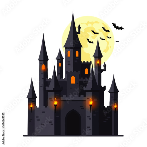 A gothic castle with lit windows stands mysteriously under a full moon, bats flying overhead, creating an eerie Halloween atmosphere.