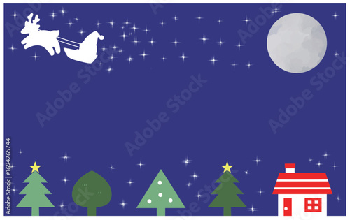 クリスマスの夜に空を飛ぶトナカイとサンタクロース