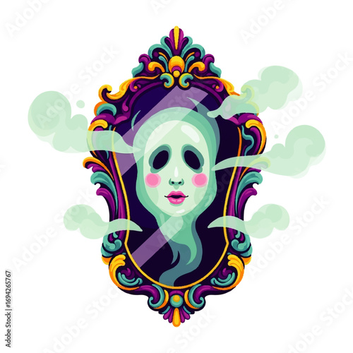 A ghostly face appears in an ornate antique mirror, surrounded by ethereal mist, creating a mysterious and slightly spooky atmosphere.