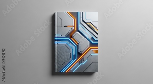 Futuristic Book Cover Design with Geometric Patterns and Neon Lighting
