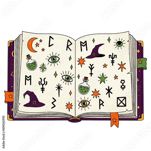 An open spellbook displays mystical symbols, potions, and witch hats, evoking a whimsical, enchanting atmosphere.