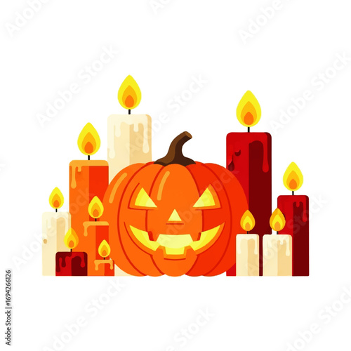 A grinning jack-o'-lantern sits serenely amidst flickering orange and red Halloween candles, creating a spooky yet festive scene.