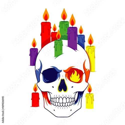 A vibrant skull, ablaze with fiery passion in one eye, is encircled by a halo of colorful, burning candles, creating a surreal and captivating scene.