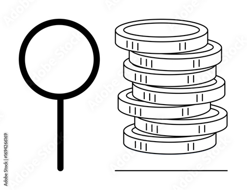 Magnifying glass beside stacked coins representing financial investigation, wealth growth, investment strategies. Ideal for finance, economics, savings, wealth management, auditing, profit analysis