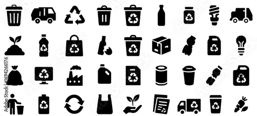 40 black vector icons on recycling, waste management, and sustainability. Includes bins, trucks, eco symbols, reusable items, pollution, and green energy. Ideal for eco campaigns and UI design
