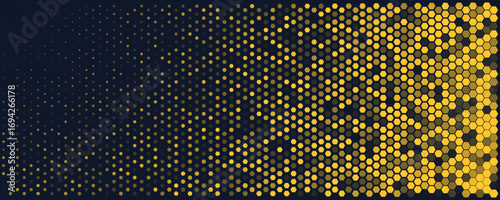 Hexagon Background Glowing Honeycomb Pattern In Yellow Blue Colors for AI, Tech Digital Forum and Conference Ad Presentation. Hexagonal Modern Texture. Halftone Gradient Backdrop. Vector Abstract BG