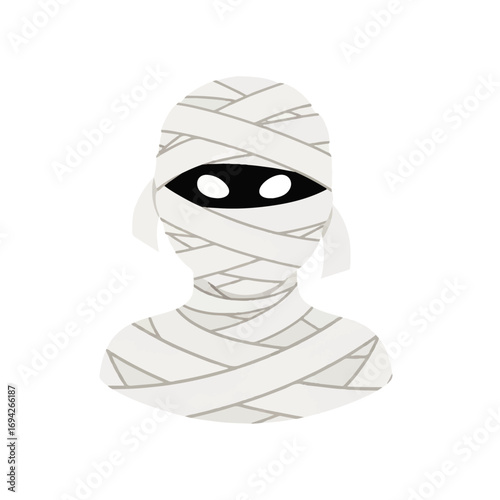 A mysterious mummy figure, completely wrapped in white bandages, stares intensely from a simple white background, evoking a spooky Halloween atmosphere.