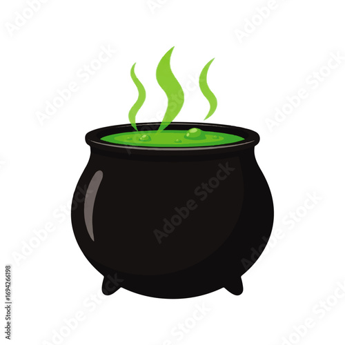 A bubbling cauldron of vibrant green potion emits mystical steam, creating an eerie yet whimsical Halloween atmosphere.