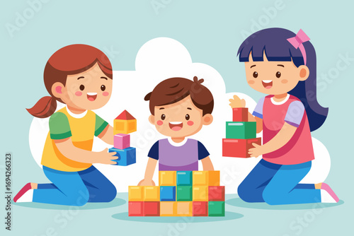 Children Playing with Building Blocks Vector Illustration
