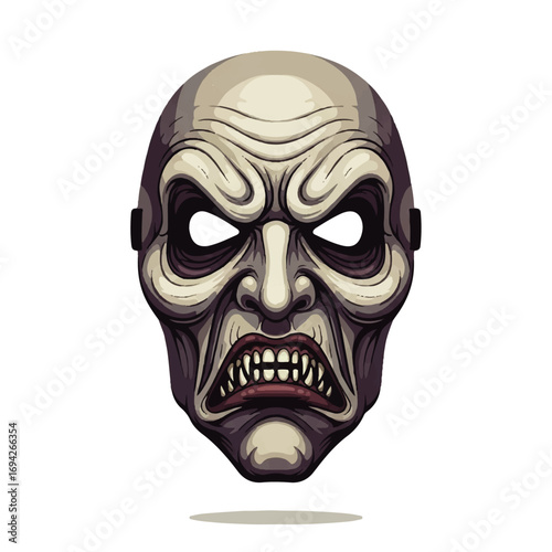 A snarling, demonic mask with intense eyes, set against a stark white background, evokes a feeling of chilling horror.