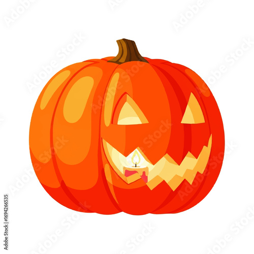 A carved Halloween pumpkin with a lit candle inside glows playfully against a white background, evoking a festive autumn spirit.